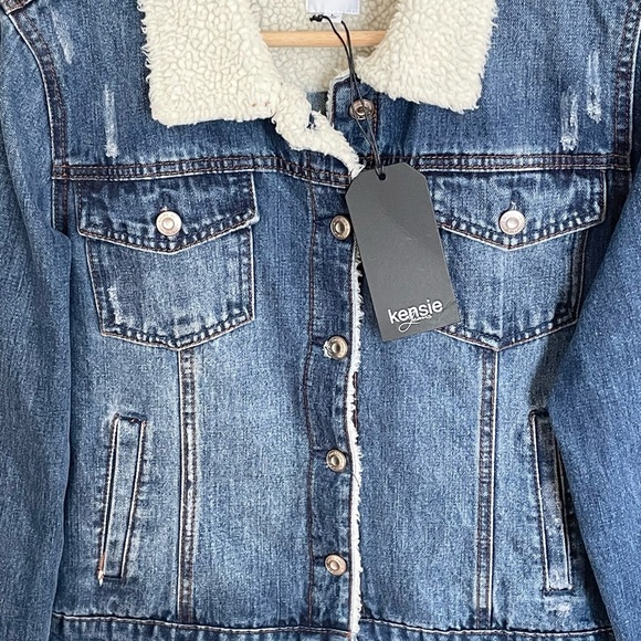 NEW Kensie Jeans Fur Lined Distressed Button Trucker Jacket Women’s Large - Picture 3 of 11